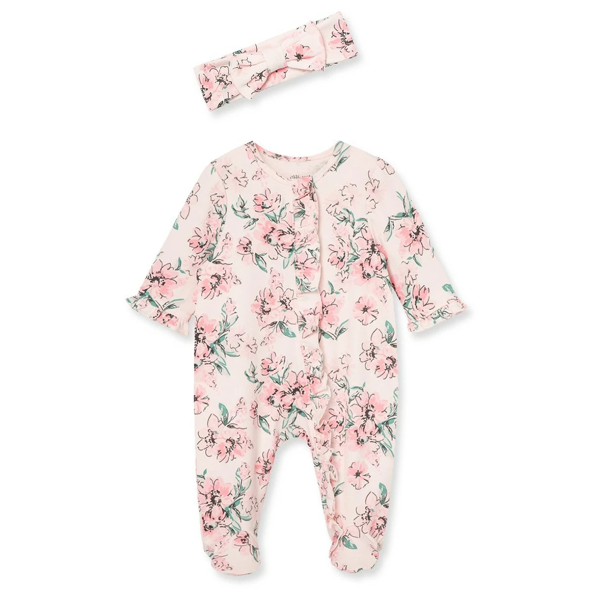 Pajamas Baby Girl (NB-9M) Little Me Floral Footed Sleeper With Headband 3 Pajamas Baby Girl (NB-9M) Little Me Floral Footed Sleeper With Headband