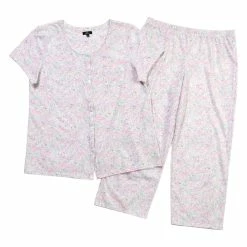 Pajamas Womens Aria Printed Button Front White/Ditsy Capri Pajama Set