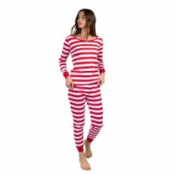Pajamas Womens Leveret Red And White Striped Cotton Pajama Set