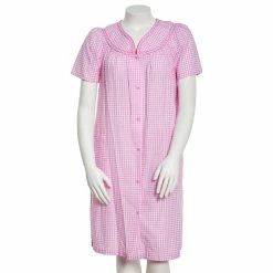 Pajamas Womens Lissome Short Sleeve Gingham Trapunto Plisse Duster