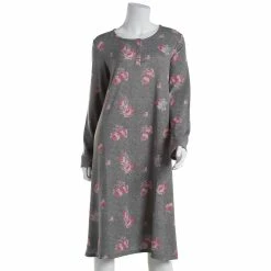 Pajamas Womens Ellen Tracy Long Sleeve Hacci Henley Midi Rose Nightgown