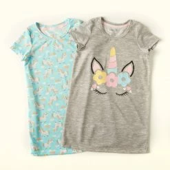 Pajamas Girls (4-6x) René Rofé 2pk. Unicorn Face Rainbow Nightgowns