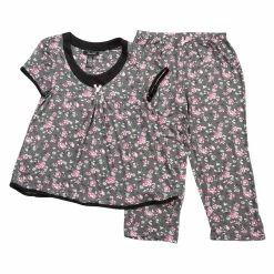 Pajamas Womens René Rofé Grey Floral Short Sleeve Capri Pajama Set