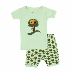 Pajamas Toddler Boy Leveret Green Tree House Short Pajama Set