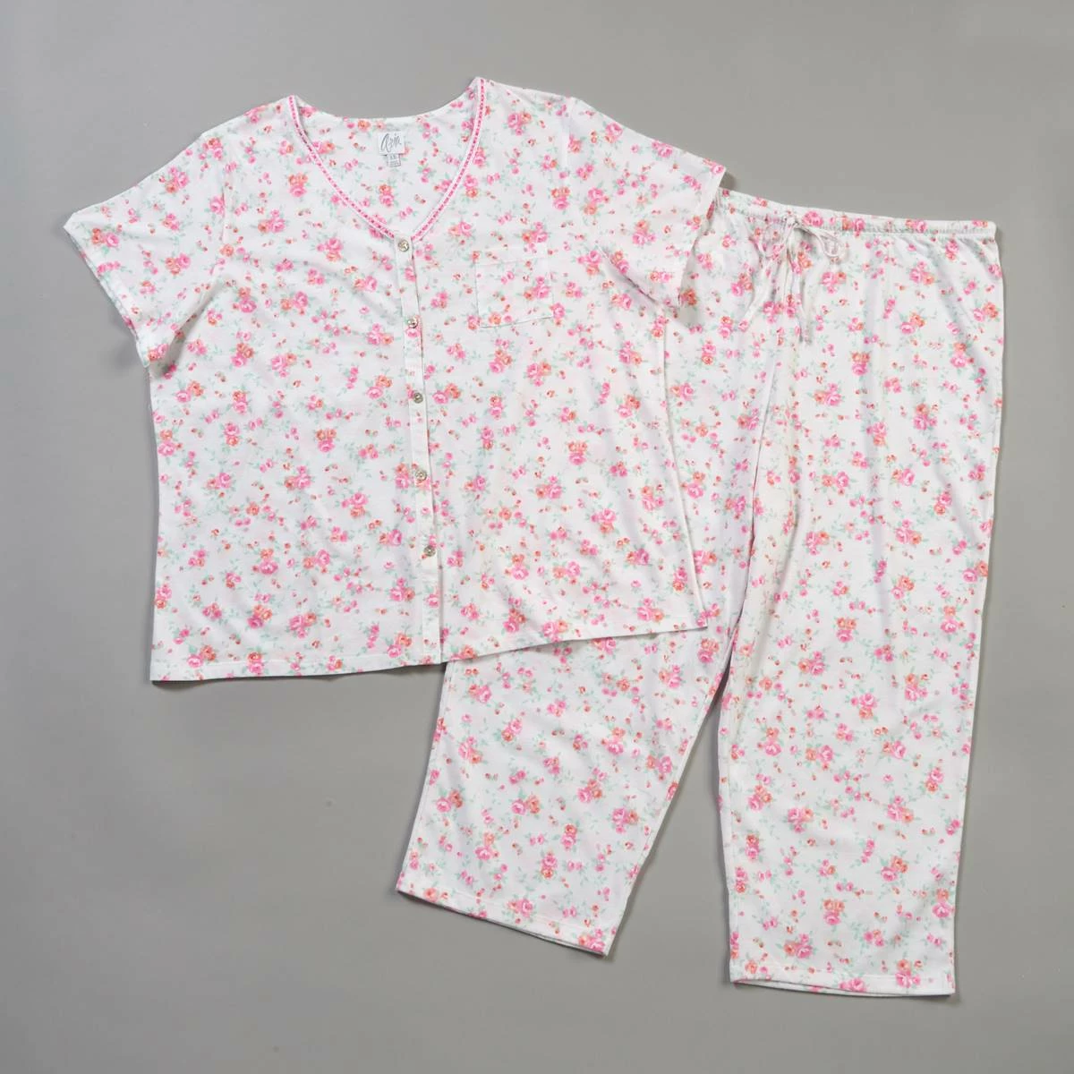 Pajamas Plus Size Aria Short Sleeve Button Front Capri Pajama Set - Roses 3 Pajamas Plus Size Aria Short Sleeve Button Front Capri Pajama Set - Roses