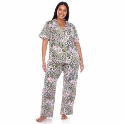 Pajamas Plus Size White Mark 2pc. Leopard Floral Pajama Set