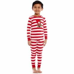 Pajamas Toddler Unisex Leveret Cotton Santa Stripes Pajama Set