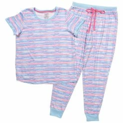 Pajamas Juniors Pillow Talk Short Sleeve Striped Hacci Joggers Pajama Set