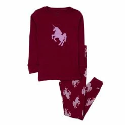 Pajamas Baby Girl (12-24M) Leveret Cotton Maroon Unicorn Pajama Set