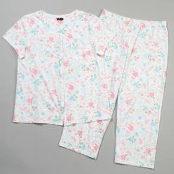 Pajamas Womens Aria Printed Button Front Capri Pajama Set - Pink/Aqua